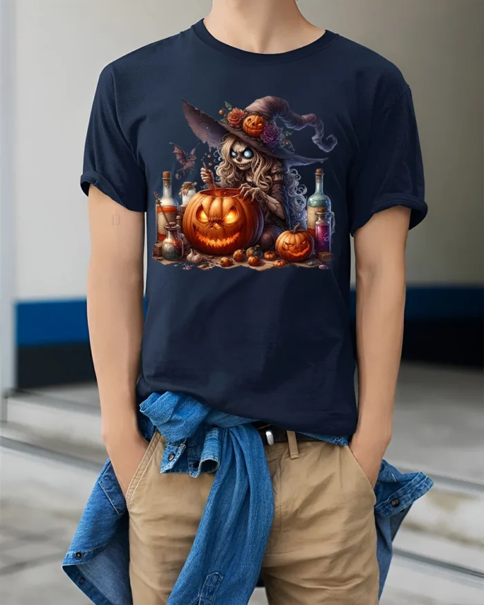 Halloween Witch Pumpkin Potion Brewing T-Shirt - model wearing navy shirt, hands in pockets