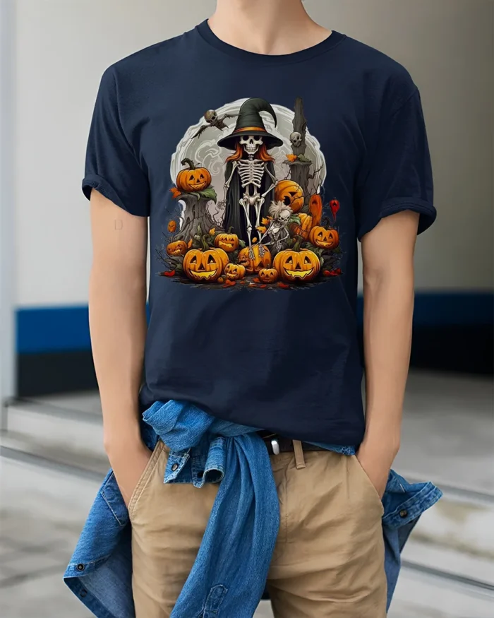Halloween Skeleton Witch Pumpkin Moon T-Shirt - model wearing navy shirt, hands in pockets