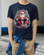 Christmas Santa Claus Gifts Holiday T-Shirt - model wearing navy shirt, hands in pockets