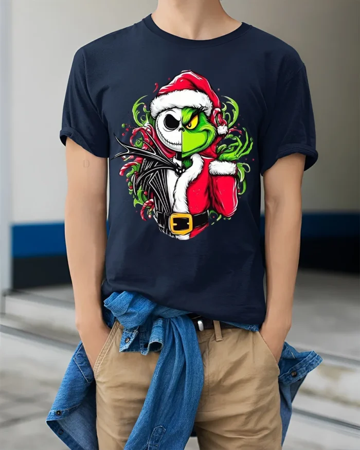 Christmas Grinch Skeleton Santa Mashup T-Shirt - model wearing navy shirt, hands in pockets