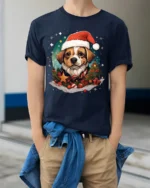 Christmas Dog Santa Hat Festive Holiday T-Shirt - model wearing navy shirt, hands in pockets