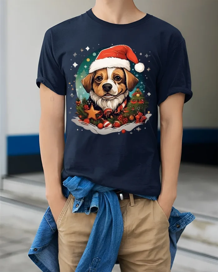Christmas Dog Santa Hat Festive Holiday T-Shirt - model wearing navy shirt, hands in pockets