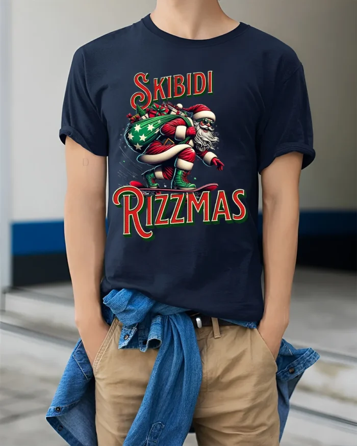 Funny Skibidi Rizzmas Santa Skateboard T-Shirt - model wearing navy shirt, hands in pockets