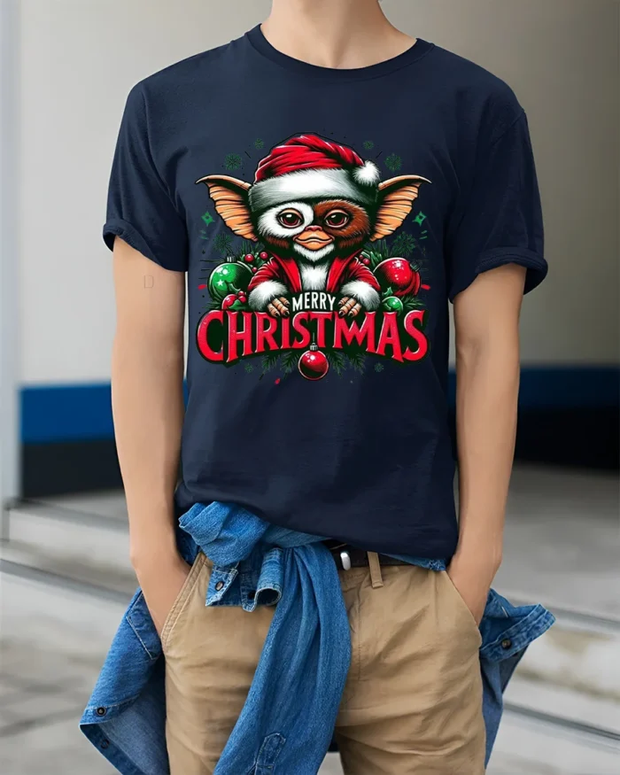 Christmas Cute Creature Santa Hat T-Shirt - model wearing navy shirt, hands in pockets