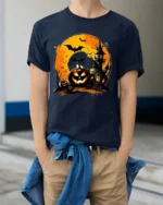 Halloween Haunted House Pumpkin Moon T-Shirt - model wearing navy shirt, hands in pockets