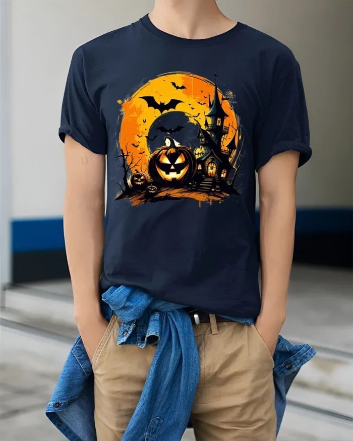 Halloween Haunted House Pumpkin Moon T-Shirt - model wearing navy shirt, hands in pockets