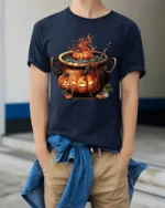 Halloween Pumpkin Cauldron Fire Potion T-Shirt - model wearing navy shirt, hands in pockets