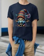 Halloween Skeleton Gnome Colorful Hat T-Shirt - model wearing navy shirt, hands in pockets