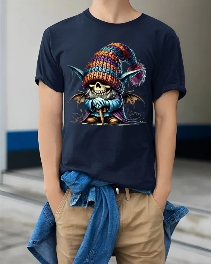 Halloween Skeleton Gnome Colorful Hat T-Shirt - model wearing navy shirt, hands in pockets