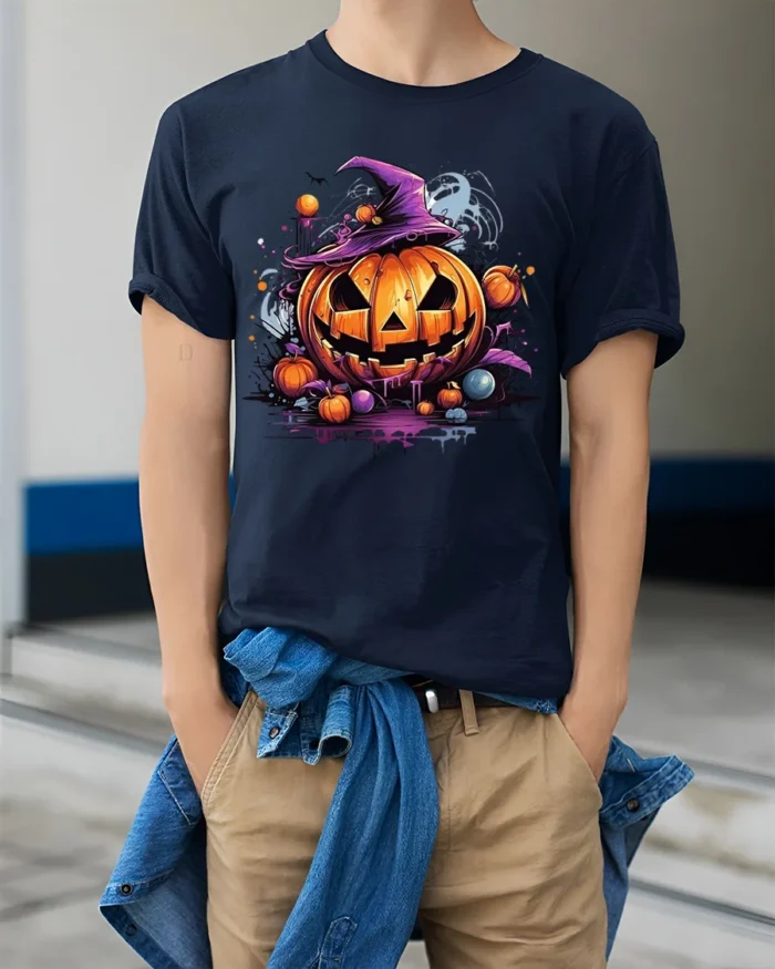 Halloween Pumpkin Witch Hat Spooky T-Shirt - model wearing navy shirt, hands in pockets