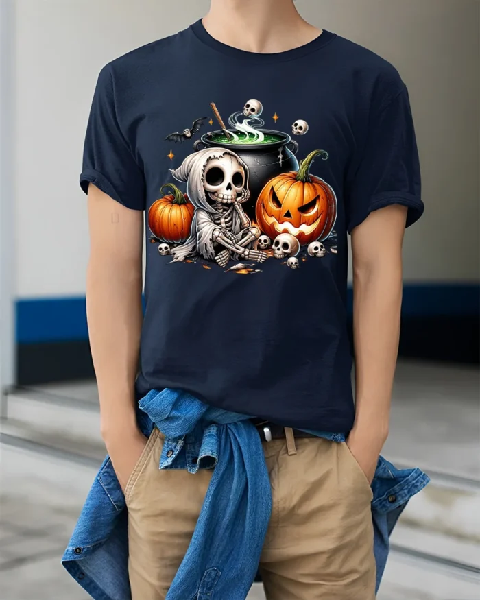 Halloween Skeleton Cauldron Pumpkin T-Shirt - model wearing navy shirt, hands in pockets