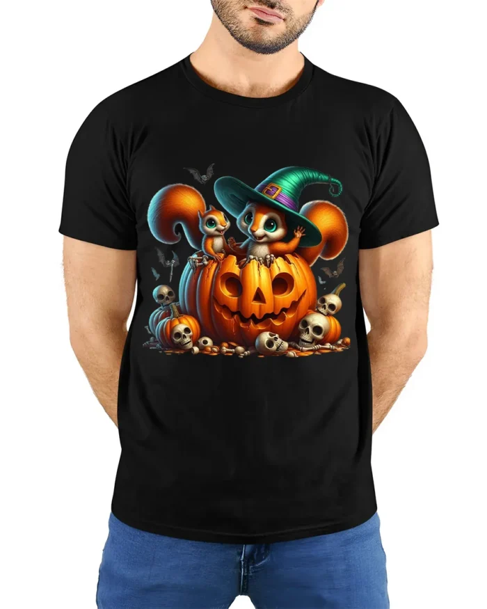Cute Halloween Squirrel Pumpkin Witch T-Shirt - model wearing black shirt, hands behind back