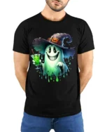 Halloween Ghost Witch Hat Potion Drink T-Shirt - model wearing black shirt, hands behind back