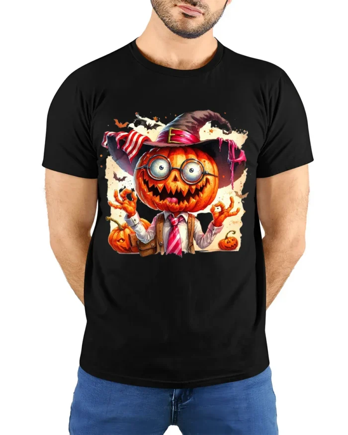 Halloween Pumpkin Head Crazy Teacher T-Shirt - model wearing black shirt, hands behind back
