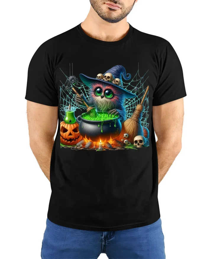 Halloween Witch Owl Cauldron Magic T-Shirt - model wearing black shirt, hands behind back