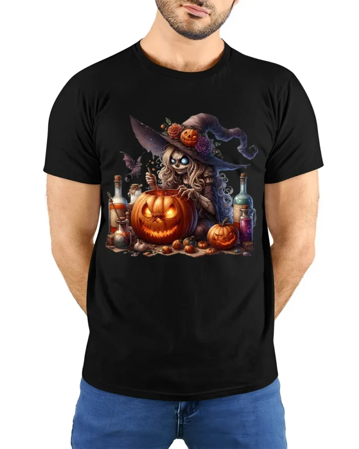 Halloween Witch Pumpkin Potion Brewing T-Shirt - model wearing black shirt, hands behind back