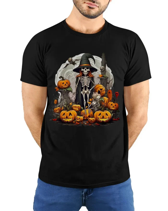 Halloween Skeleton Witch Pumpkin Moon T-Shirt - model wearing black shirt, hands behind back