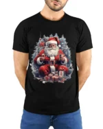 Christmas Santa Claus Gifts Holiday T-Shirt - model wearing black shirt, hands behind back