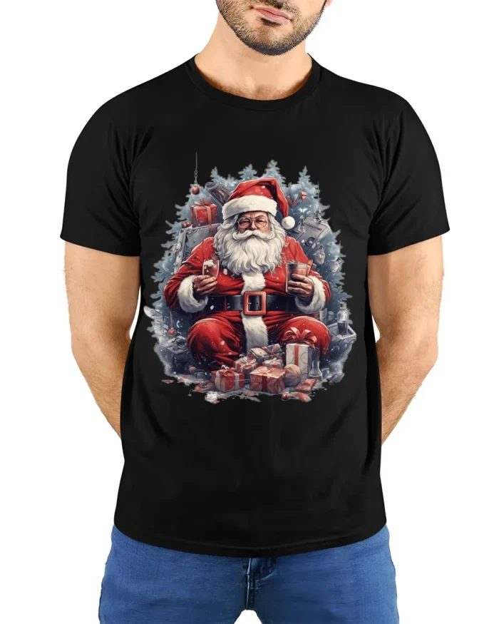 Christmas Santa Claus Gifts Holiday T-Shirt - model wearing black shirt, hands behind back