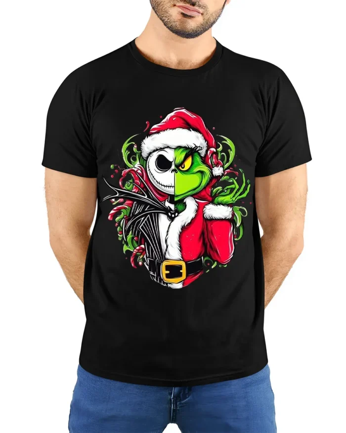 Christmas Grinch Skeleton Santa Mashup T-Shirt - model wearing black shirt, hands behind back