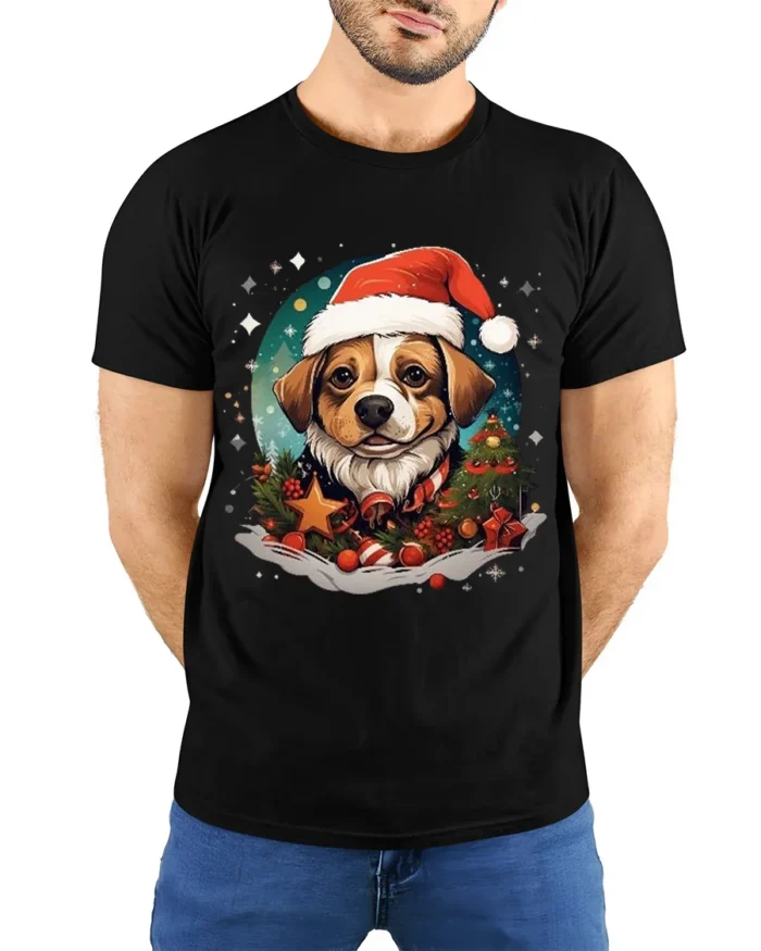 Christmas Dog Santa Hat Festive Holiday T-Shirt - model wearing black shirt, hands behind back