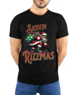 Funny Skibidi Rizzmas Santa Skateboard T-Shirt - model wearing black shirt, hands behind back