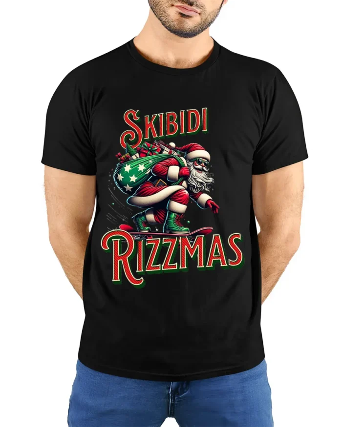 Funny Skibidi Rizzmas Santa Skateboard T-Shirt - model wearing black shirt, hands behind back