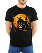 Halloween Haunted House Pumpkin Moon T-Shirt - model wearing black shirt, hands behind back