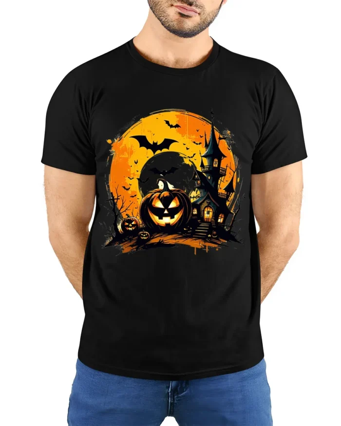 Halloween Haunted House Pumpkin Moon T-Shirt - model wearing black shirt, hands behind back
