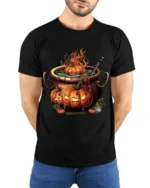 Halloween Pumpkin Cauldron Fire Potion T-Shirt - model wearing black shirt, hands behind back