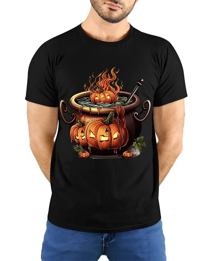 Halloween Pumpkin Cauldron Fire Potion T-Shirt - model wearing black shirt, hands behind back