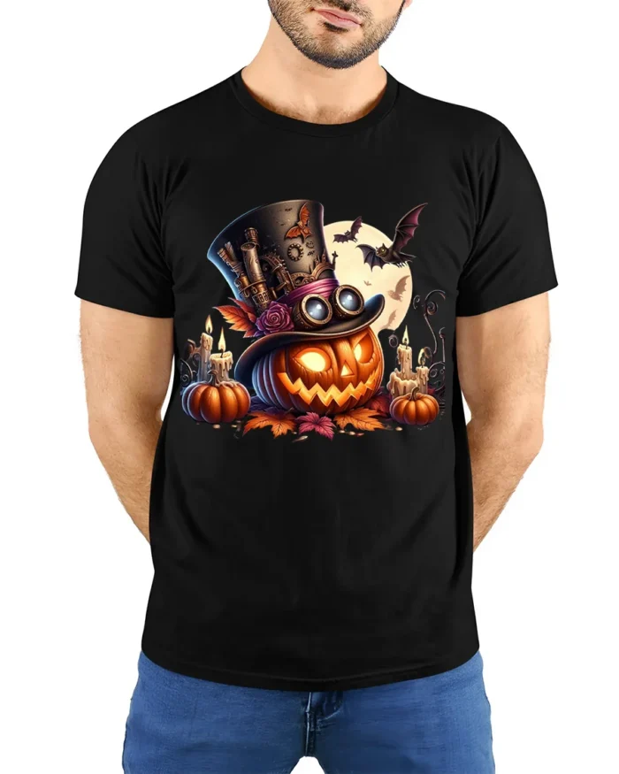 Halloween Steampunk Pumpkin Moon T-Shirt - model wearing black shirt, hands behind back