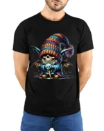 Halloween Skeleton Gnome Colorful Hat T-Shirt - model wearing black shirt, hands behind back