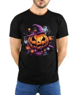 Halloween Pumpkin Witch Hat Spooky T-Shirt - model wearing black shirt, hands behind back