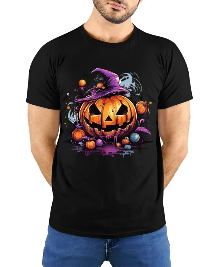 Halloween Pumpkin Witch Hat Spooky T-Shirt - model wearing black shirt, hands behind back