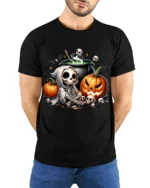 Halloween Skeleton Cauldron Pumpkin T-Shirt - model wearing black shirt, hands behind back