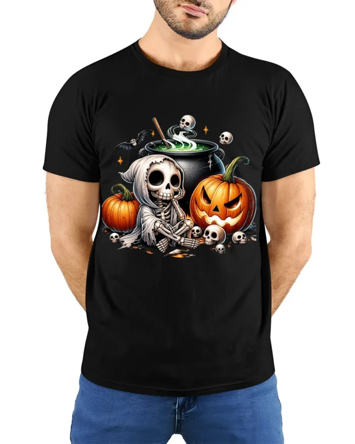 Halloween Skeleton Cauldron Pumpkin T-Shirt - model wearing black shirt, hands behind back