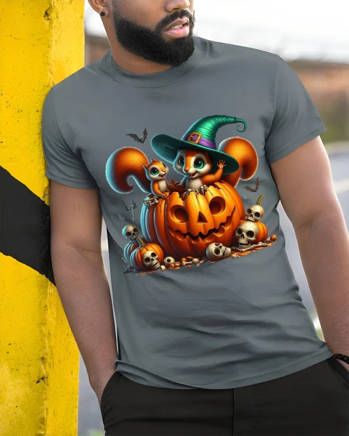 Cute Halloween Squirrel Pumpkin Witch T-Shirt - model in grey shirt leaning against column