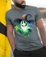 Halloween Ghost Witch Hat Potion Drink T-Shirt - model in grey shirt leaning against column