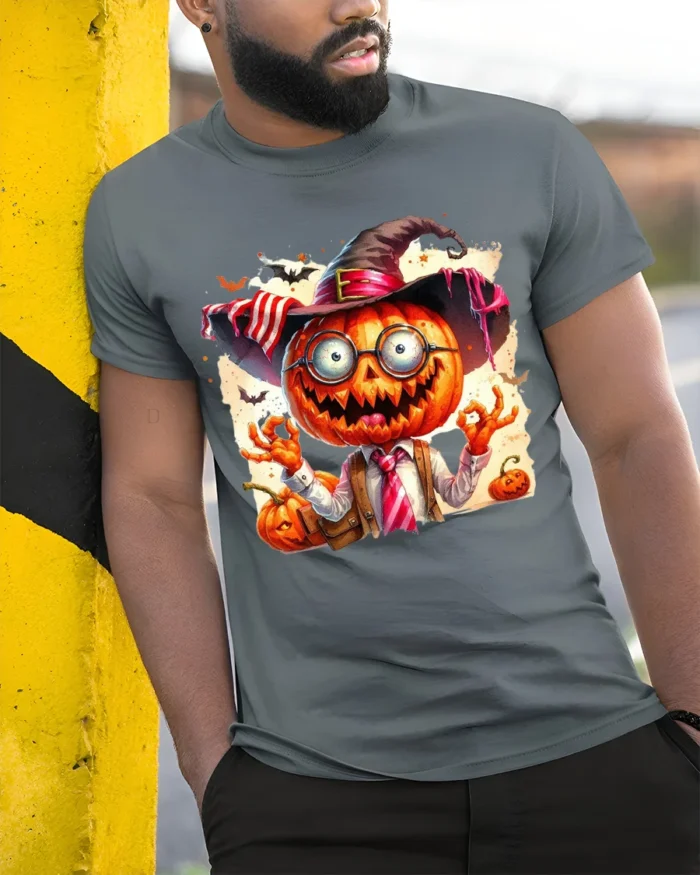 Halloween Pumpkin Head Crazy Teacher T-Shirt - model in grey shirt leaning against column