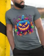 Halloween Neon Blue Pumpkin Glow T-Shirt - model in grey shirt leaning against column