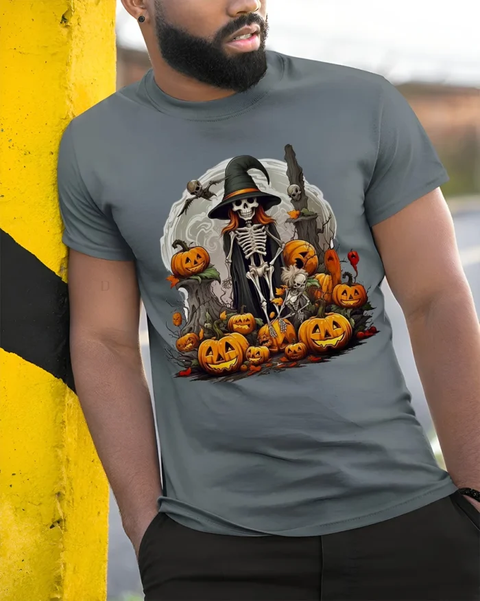 Halloween Skeleton Witch Pumpkin Moon T-Shirt - model in grey shirt leaning against column