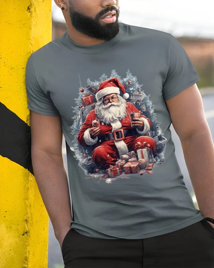 Christmas Santa Claus Gifts Holiday T-Shirt - model in grey shirt leaning against column