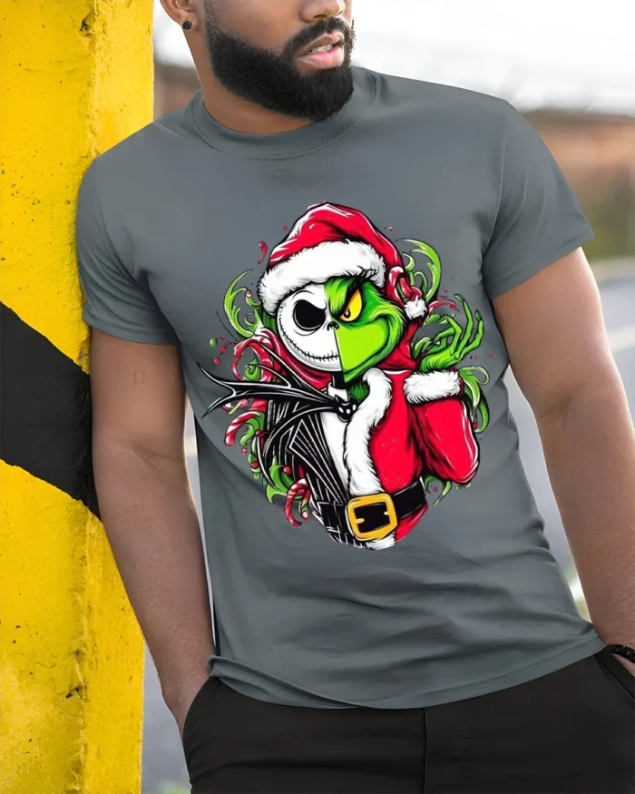 Christmas Grinch Skeleton Santa Mashup T-Shirt - model in grey shirt leaning against column