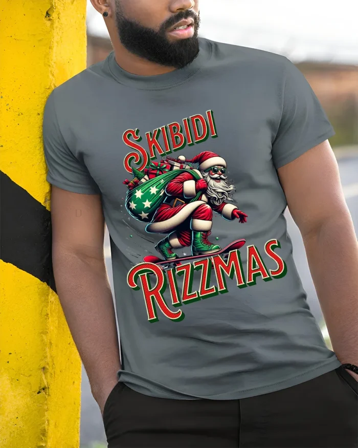 Funny Skibidi Rizzmas Santa Skateboard T-Shirt - model in grey shirt leaning against column