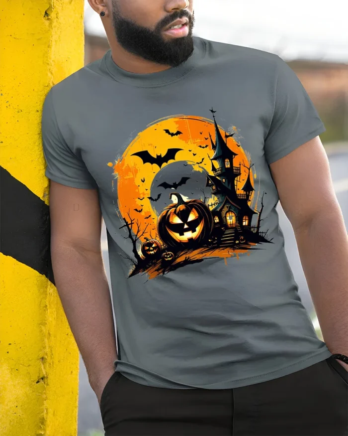 Halloween Haunted House Pumpkin Moon T-Shirt - model in grey shirt leaning against column