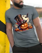 Halloween Steampunk Pumpkin Moon T-Shirt - model in grey shirt leaning against column