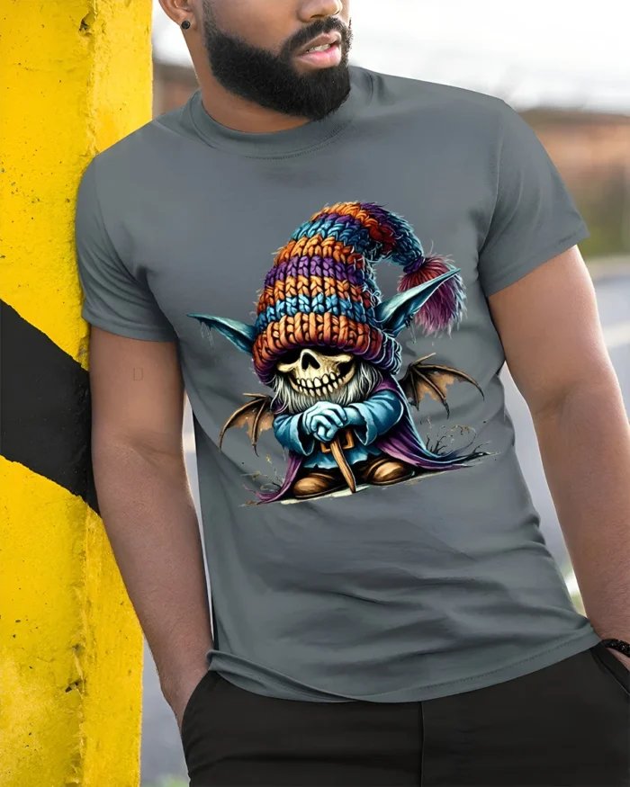 Halloween Skeleton Gnome Colorful Hat T-Shirt - model in grey shirt leaning against column