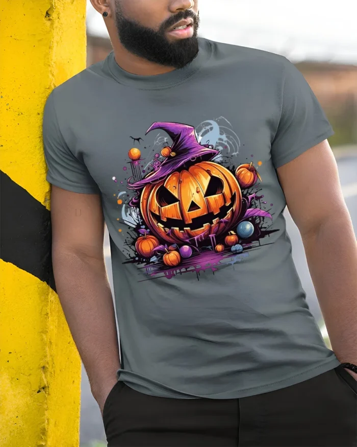 Halloween Pumpkin Witch Hat Spooky T-Shirt - model in grey shirt leaning against column