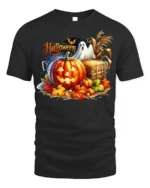 Halloween Pumpkin Ghost Scene Graphic T-Shirt - black t-shirt on white background